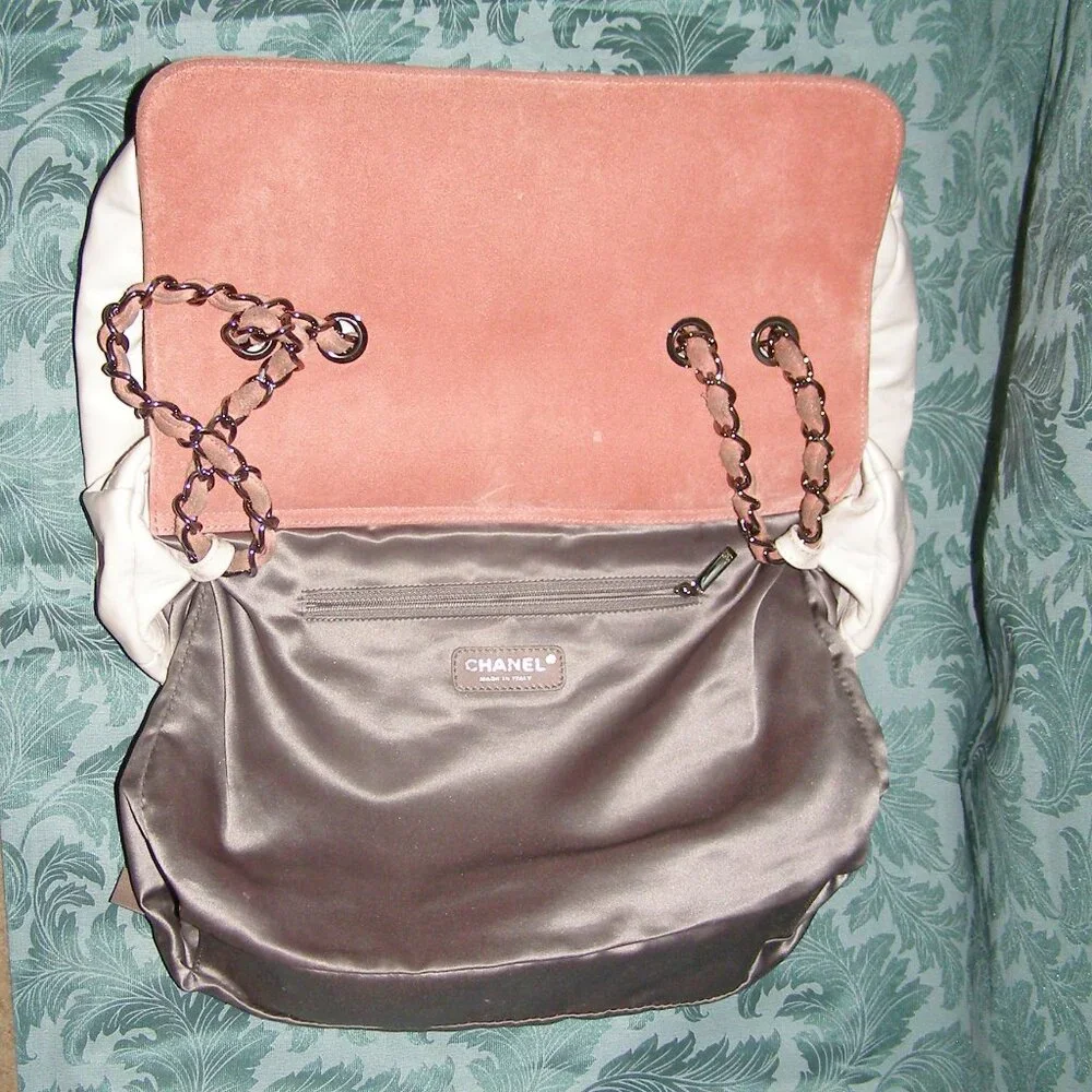 💖 CHANEL Portobello White Quilted Leather & Pink Suede Tote/Shoulder Bag